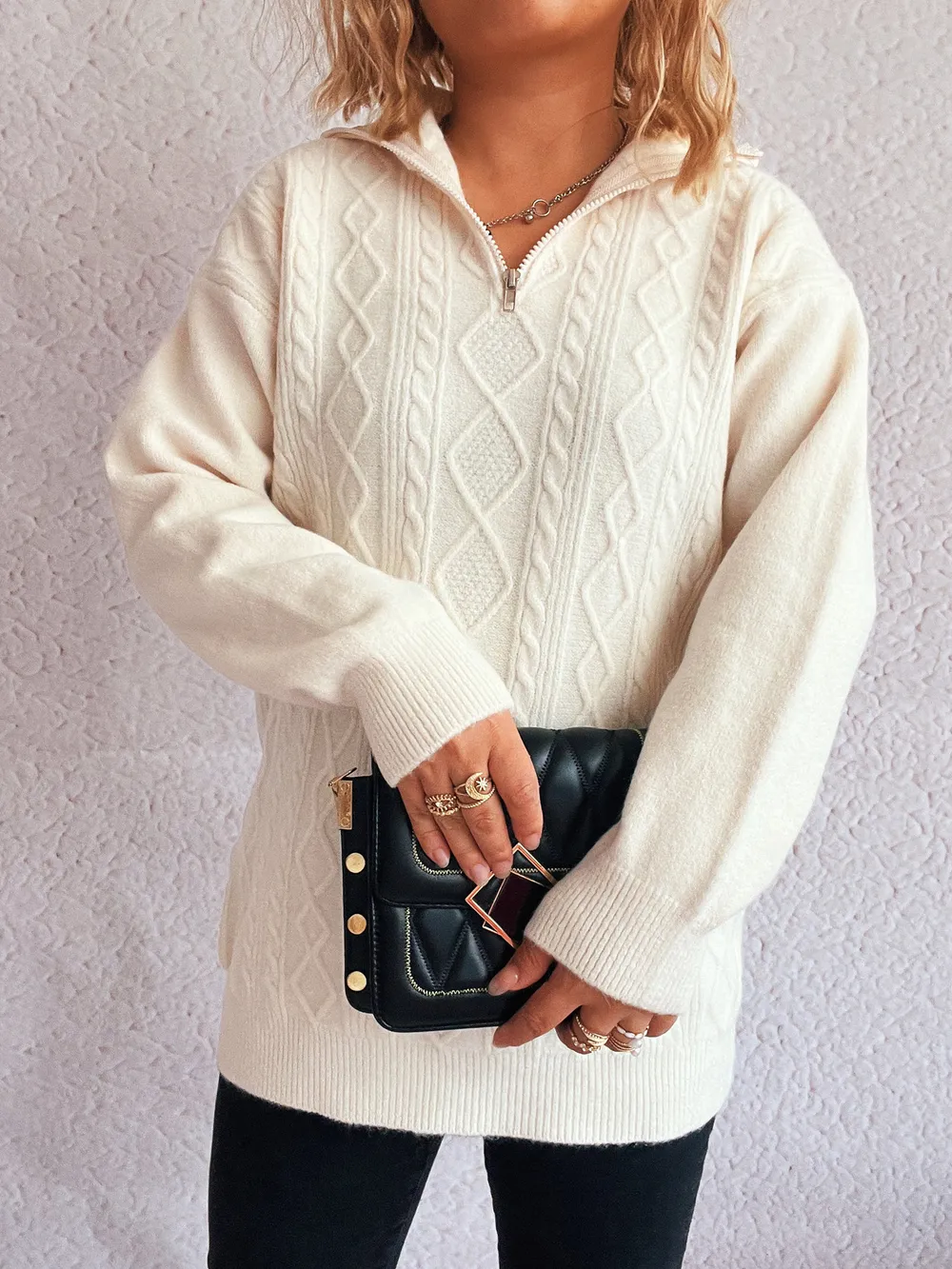 Texture Zip Collar Long Sleeve Sweater, image 19