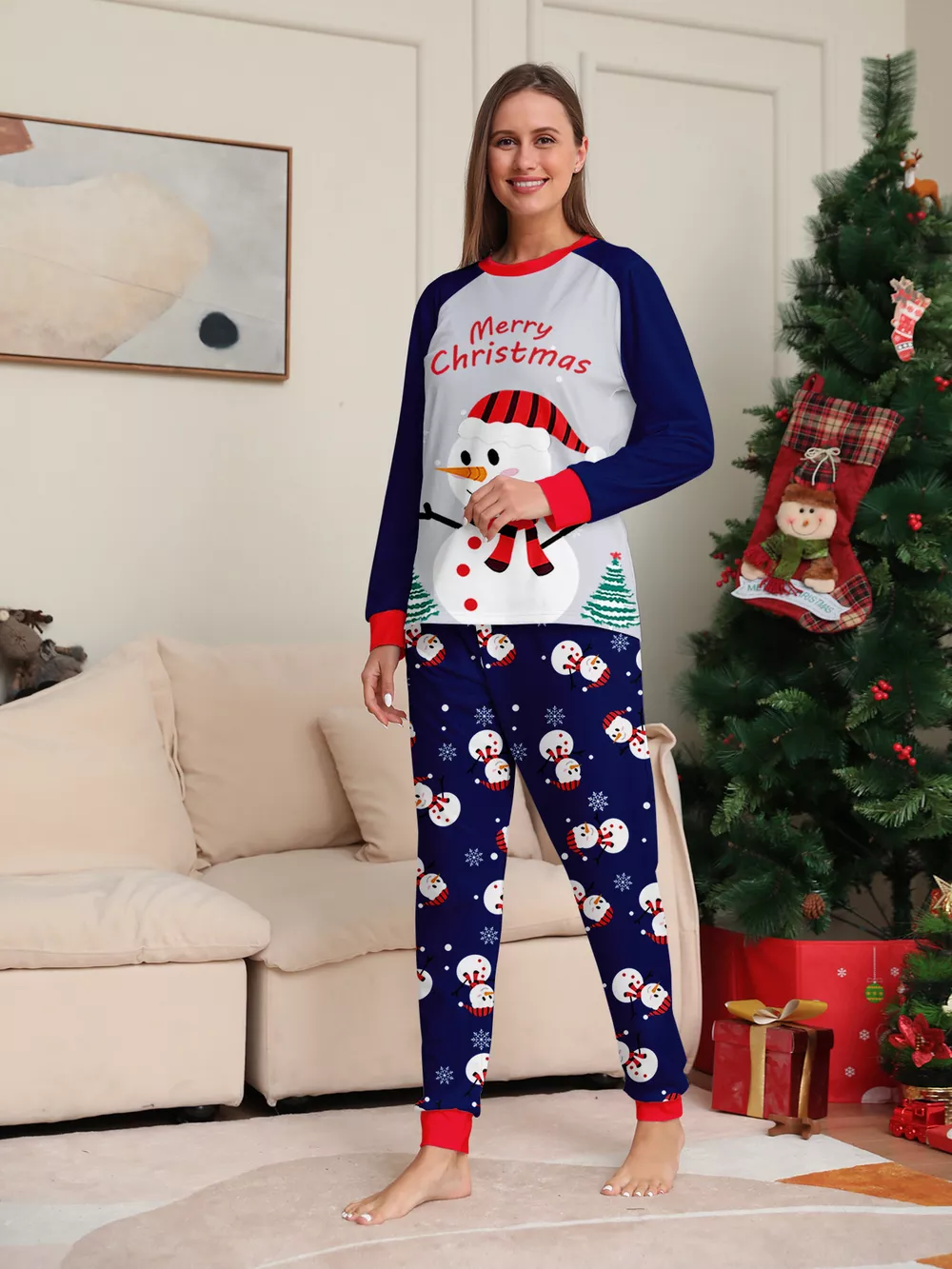 Full Size Family Matching Christmas Snowman Print Pajama Set Plus Size, image 3