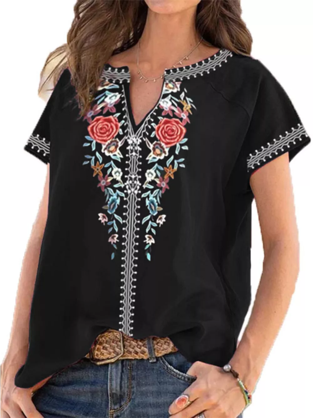 Full Size Floral Notched Short Sleeve Blouse Plus Size, image 7