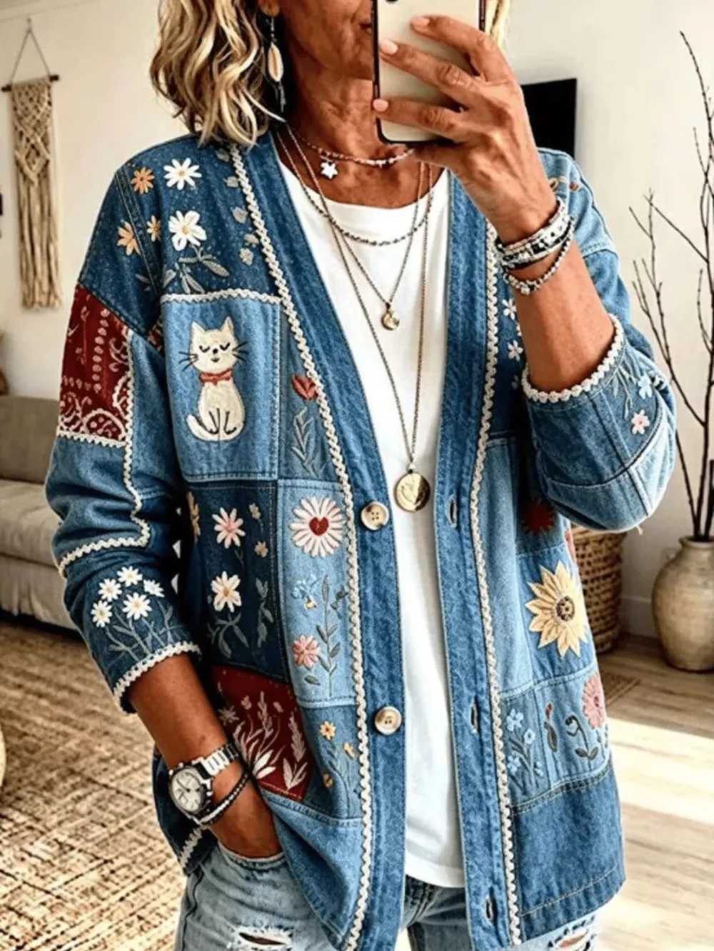 Full Size Floral V-Neck Button-Down Cardigan Plus Size, image 5