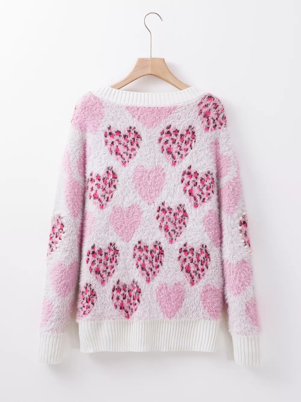 Heart Leopard Pearled Ribbed Trim Fuzzy Sweater, image 6