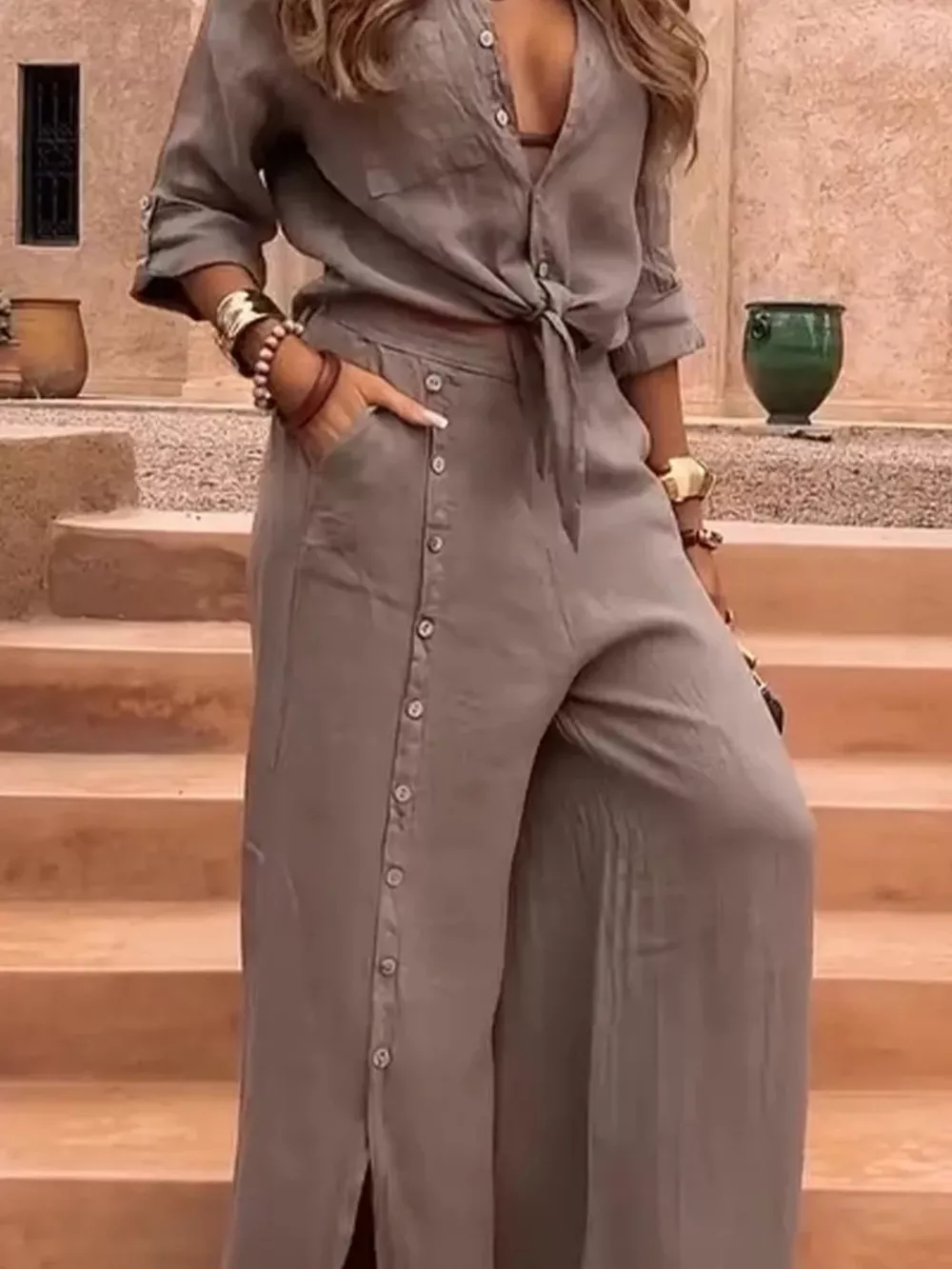 Full Size Tie-Front Shirt and Button-Down Wide-Leg Pants Set Plus Size, image 4