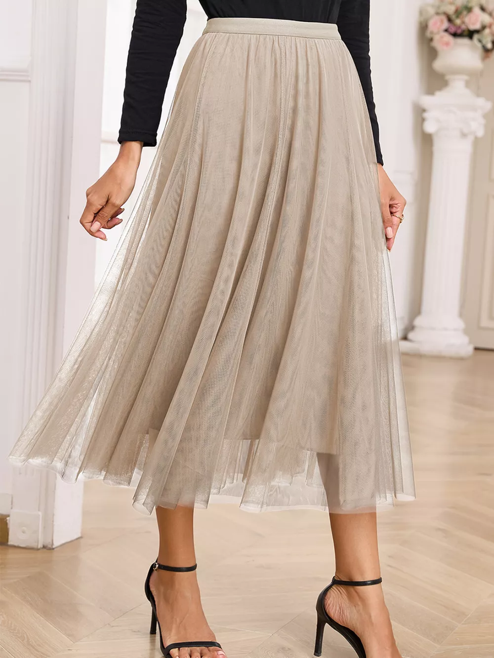 Tulle Mesh Overlay Flared Midi Skirt, image 3