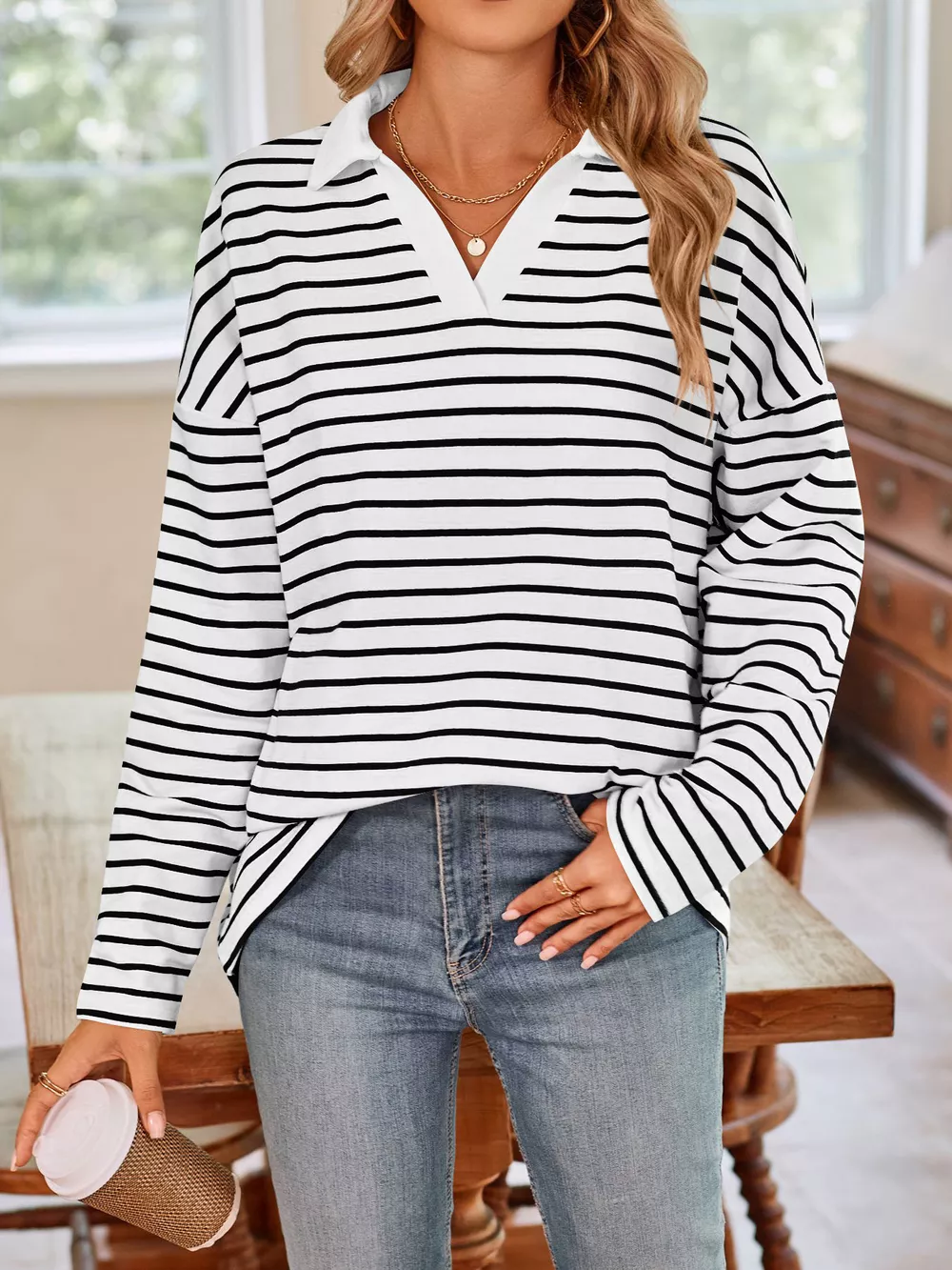Oversized Striped Johnny Collar T-Shirt, image 2