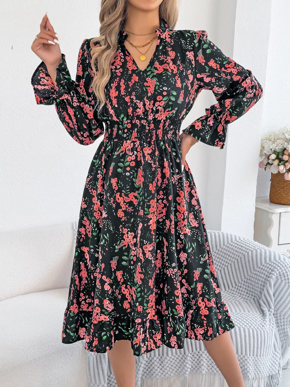 Floral Print Ruffle Hem Flounce Sleeve A-Line Dress, image 3