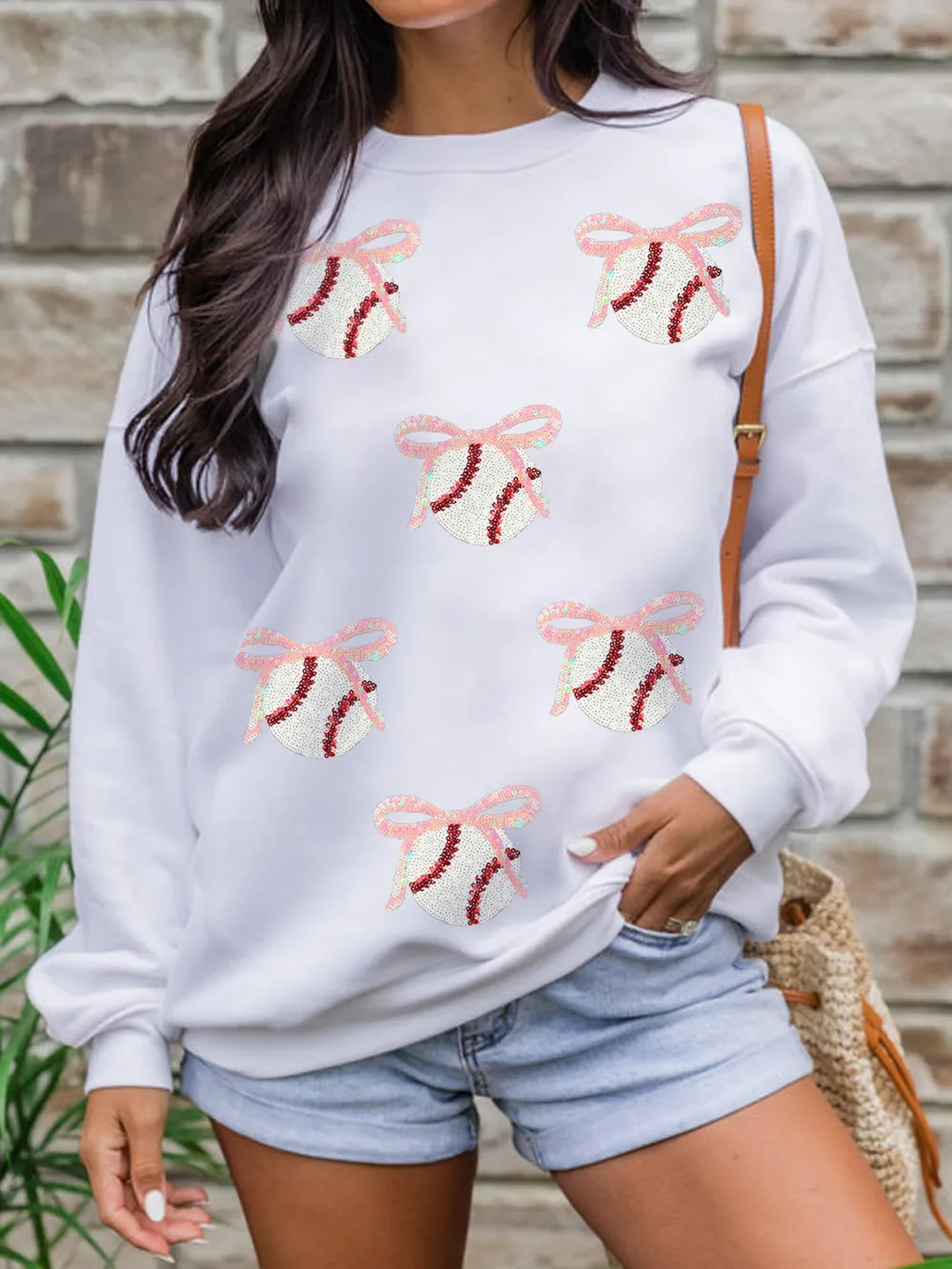 Sequin Bow Baseball Patched Casual Sweatshirt, image 2