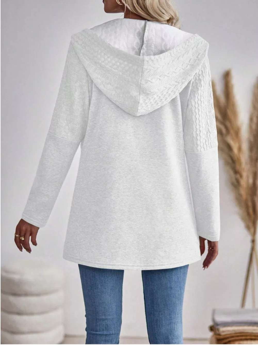 Drawstring Textured Zip Up Drawstring Hooded Jacket, image 4
