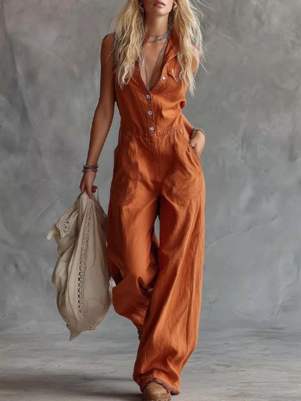 Sleeveless Button-Down Wide-Leg Jumpsuit
