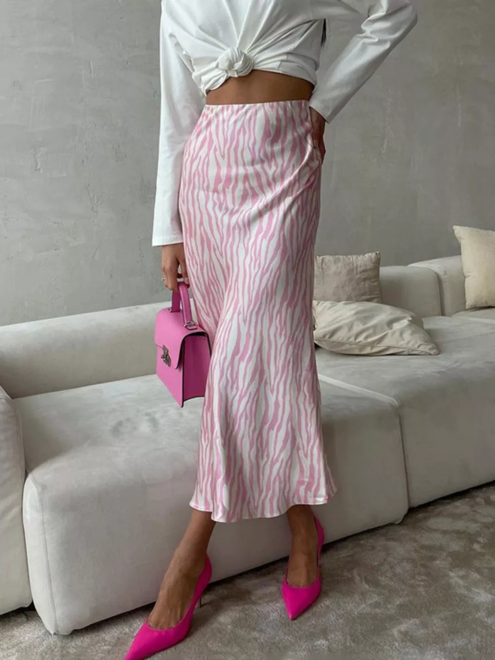 Satin Zebra Print Midi Skirt, image 7