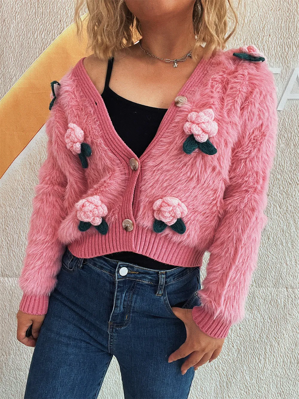 Flower Fuzzy Button-Up Cardigan, image 9