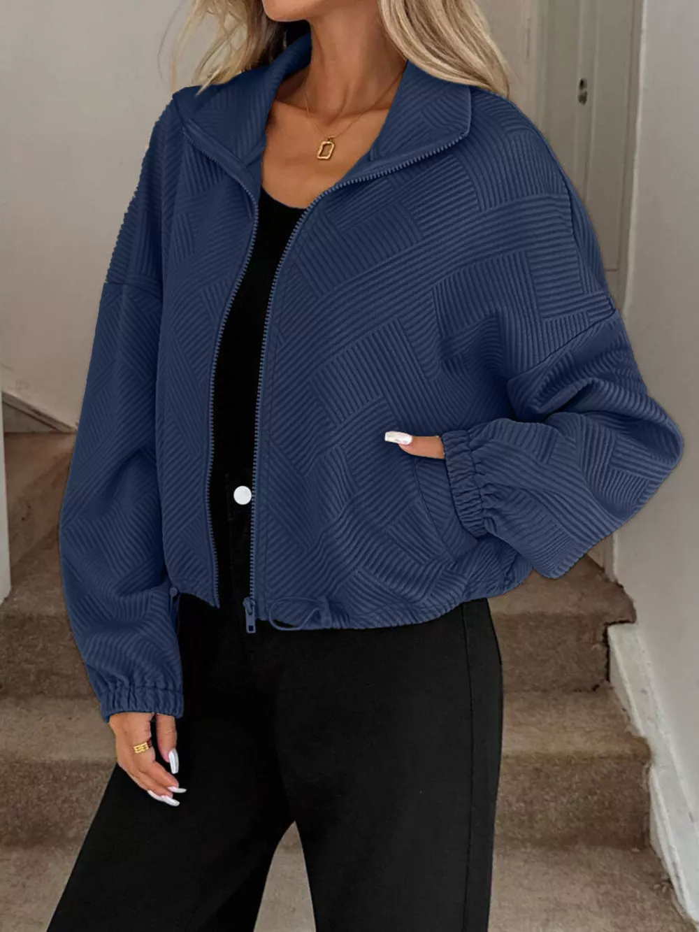 Drawstring Hem Textured Long Sleeve Jacket, image 9