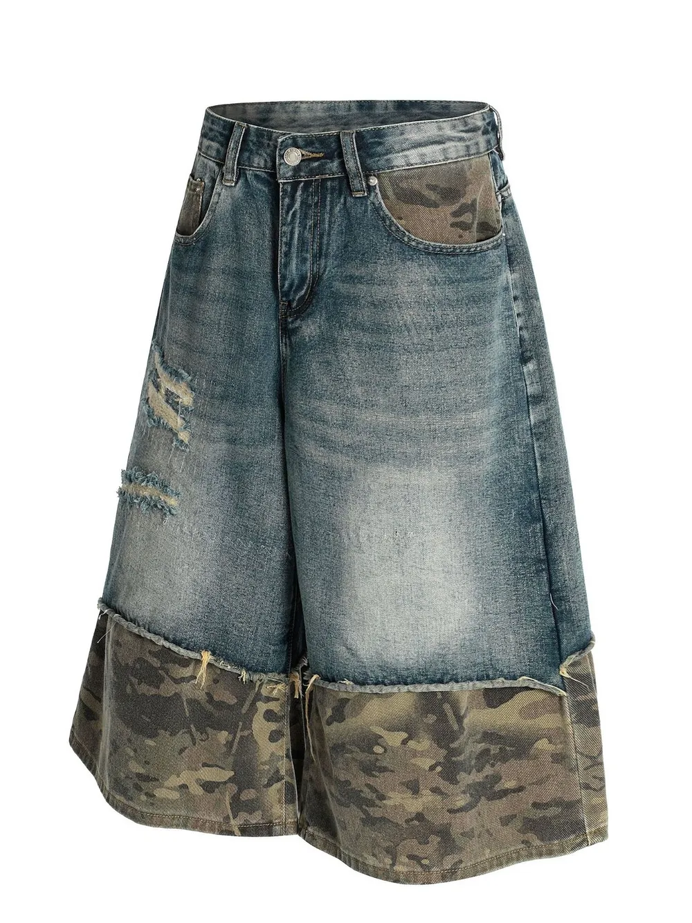 Men's Distressed Camo Panel Denim Shorts, image 5