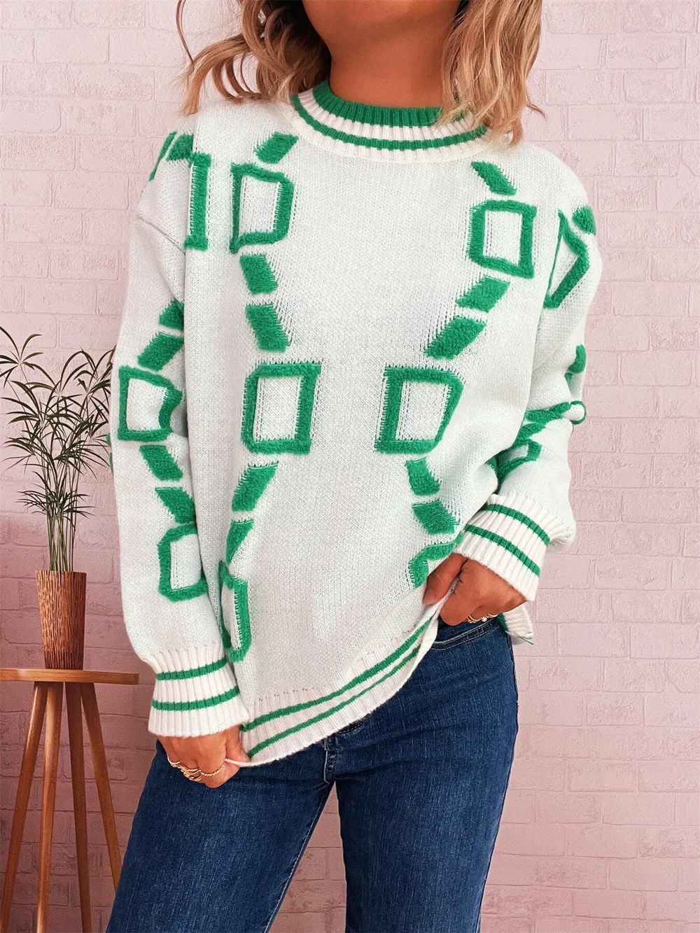 Contrast Round Neck Long Sleeve Sweater, image 13