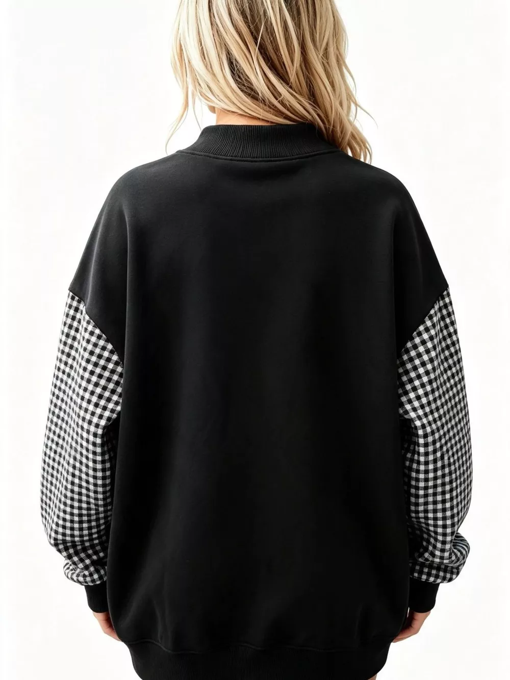 Gingham Sleeves Round Neck Sweatshirt, image 9