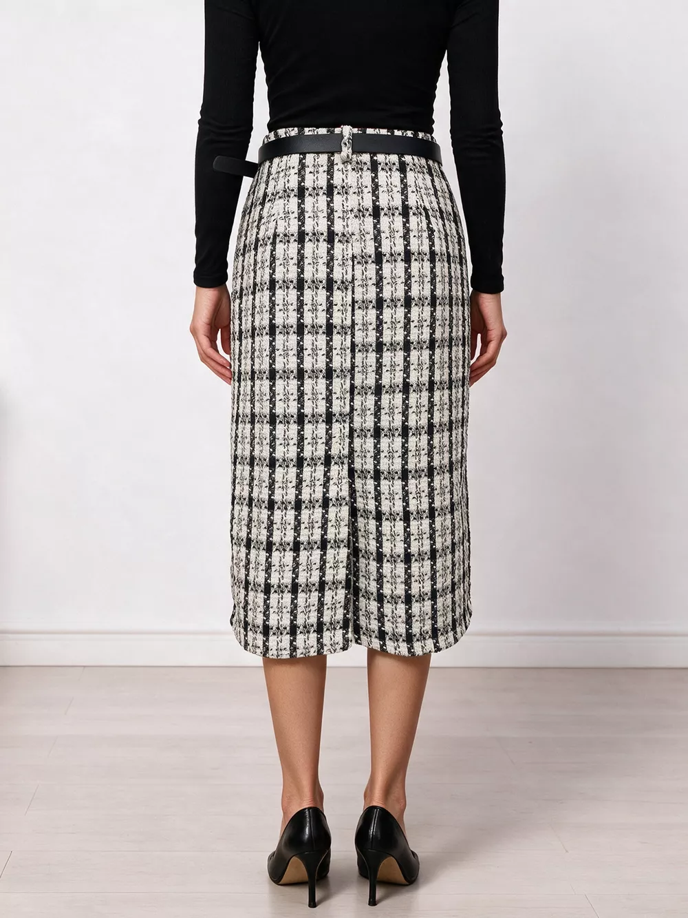 High-Waisted Tweed Plaid Midi Skirt, image 7