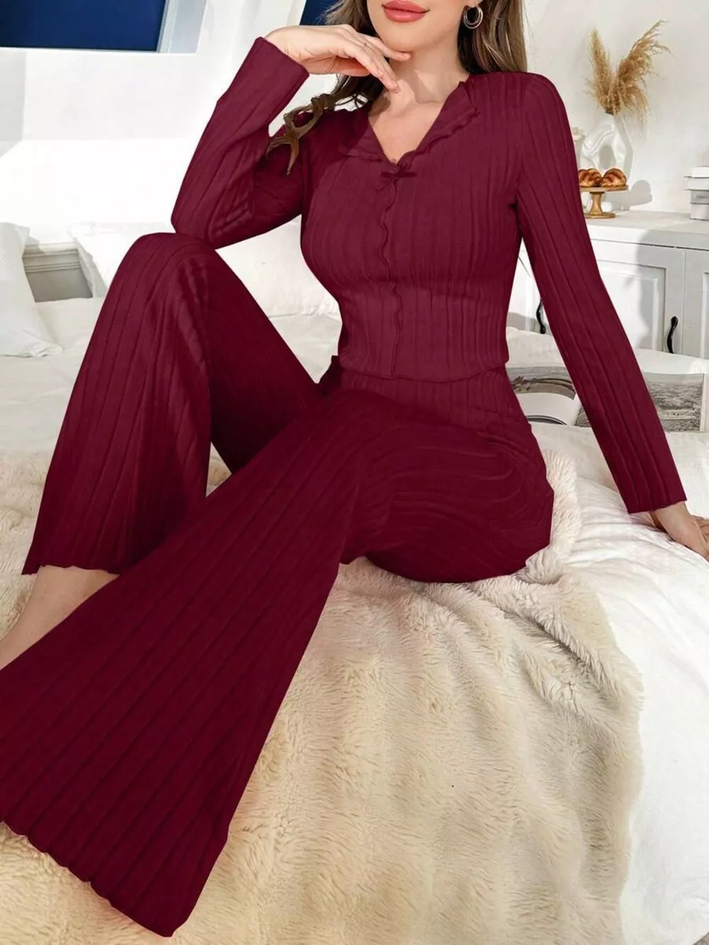 Bow Detail Ribbed Knit Top and Pants Lounge Set, image 7