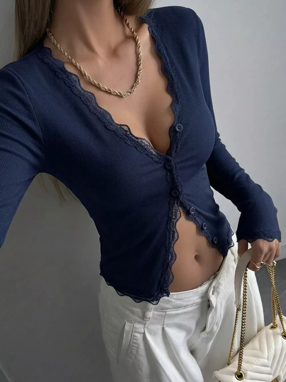 Lace Trim V-Neck Ribbed Long Sleeve Blouse, image 10