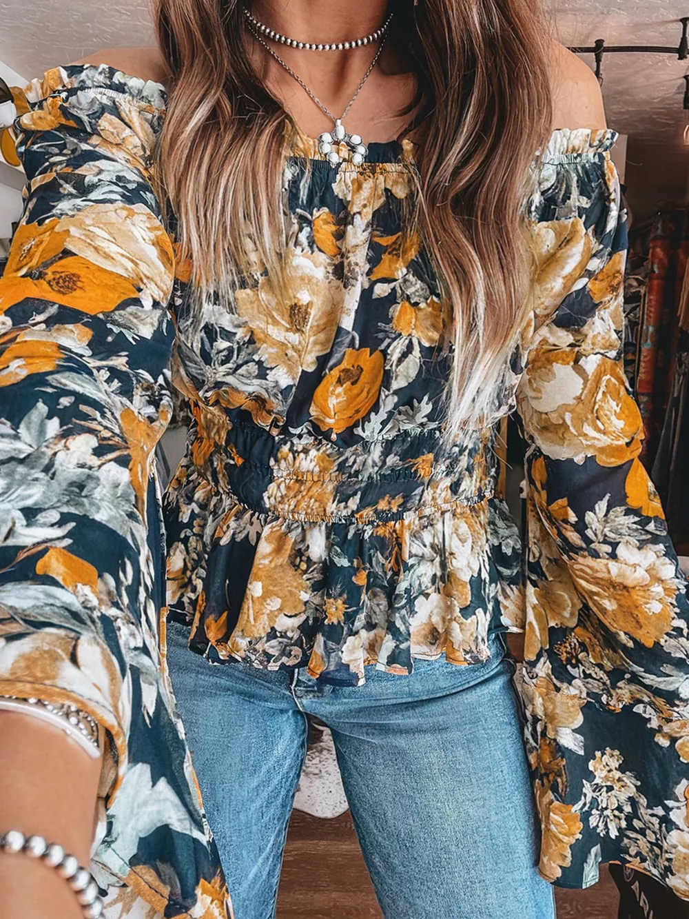 Floral Off Shoulder Bell Sleeve Smocked Peplum Top, image 4