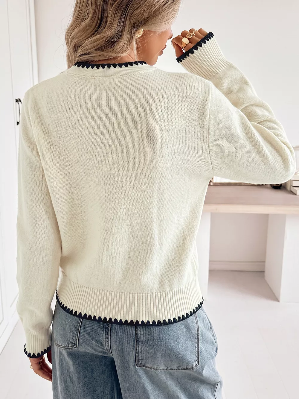Contrast Trim V-Neck Button-Down Cardigan, image 6