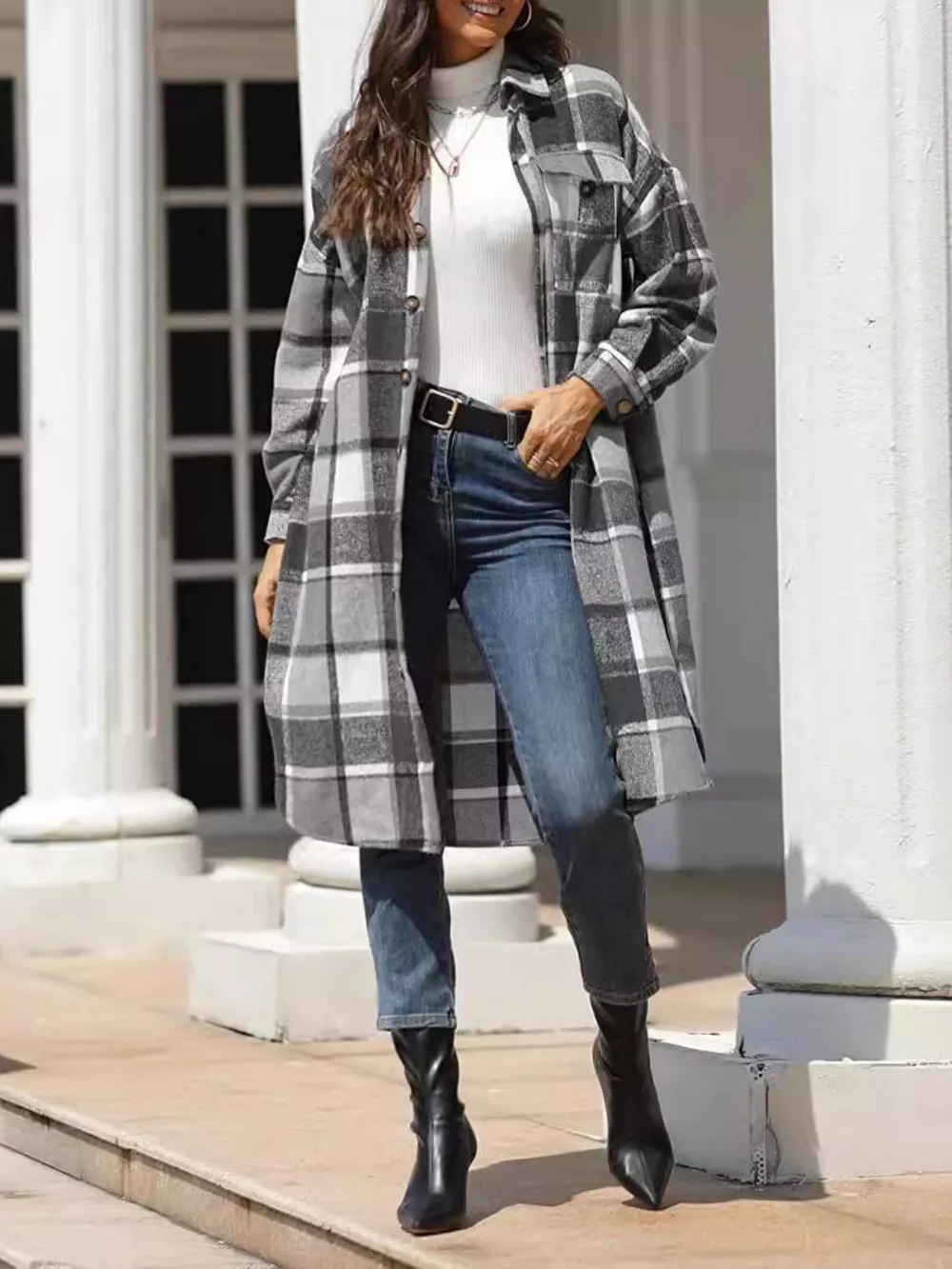Longline Plaid Button-Up Coat