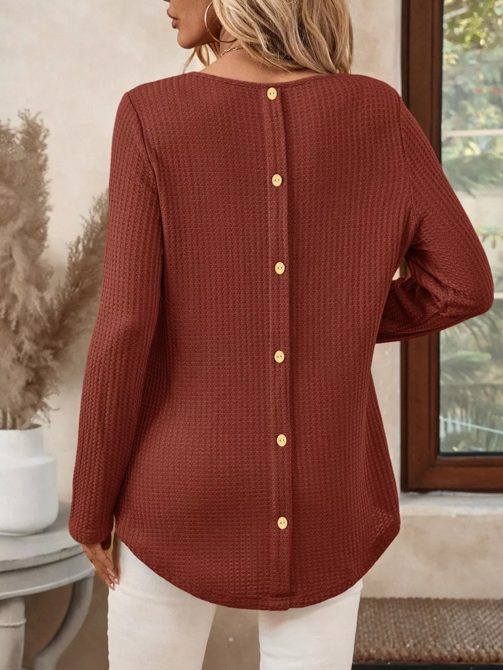 Plus Size Casual Waffle Knit Long Sleeve T-Shirt, image 11