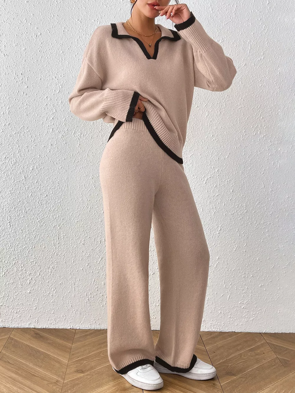 Contrast Trim Polo Collar Top and Pants Sweater Set, image 4
