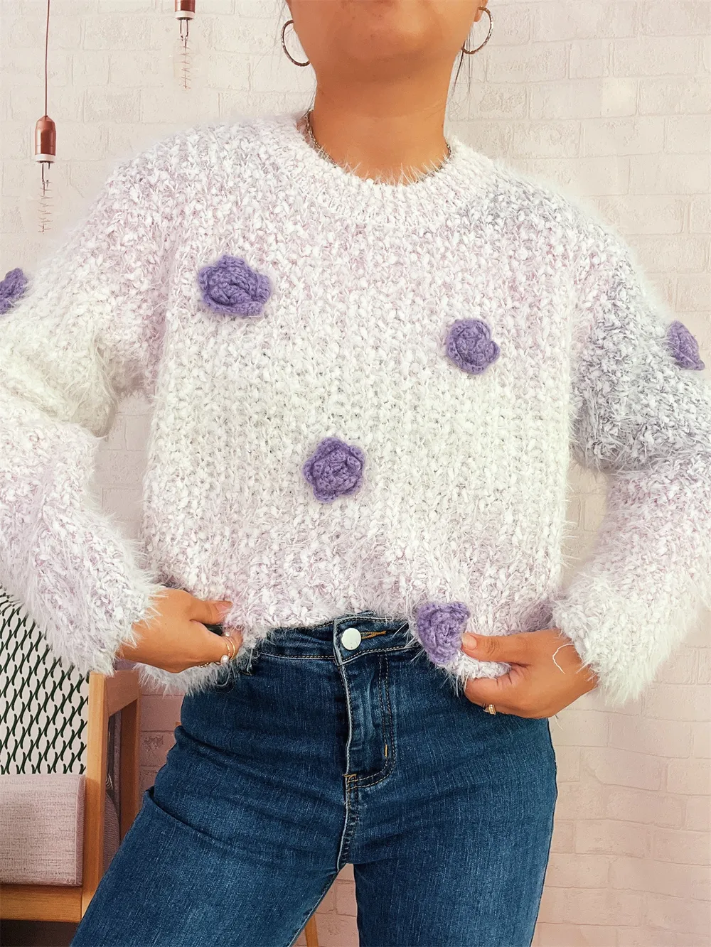 Flower Embellished Round Neck Sweater, image 5