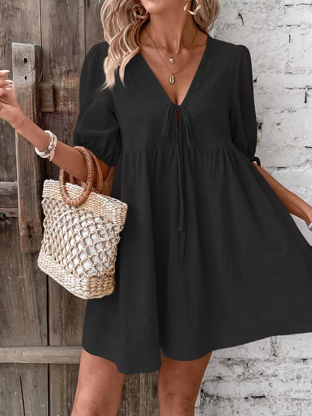 Tie Front Puff Sleeve Mini Dress, image 5