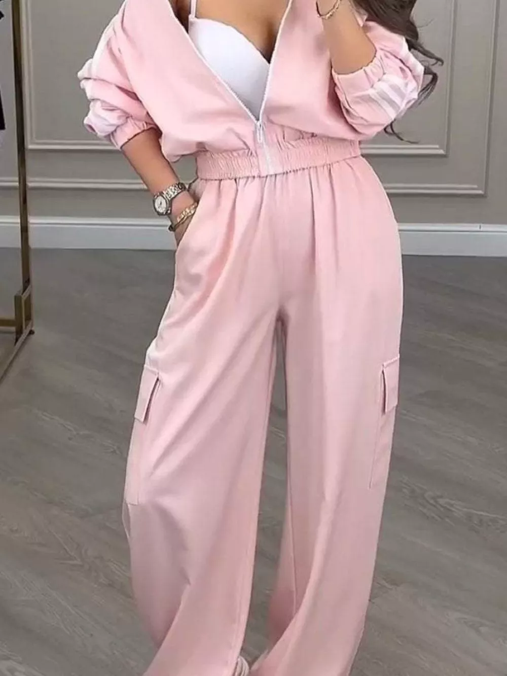 Full Size Side Striped Zip Up Outerwear and Pants Set Plus Size, image 6