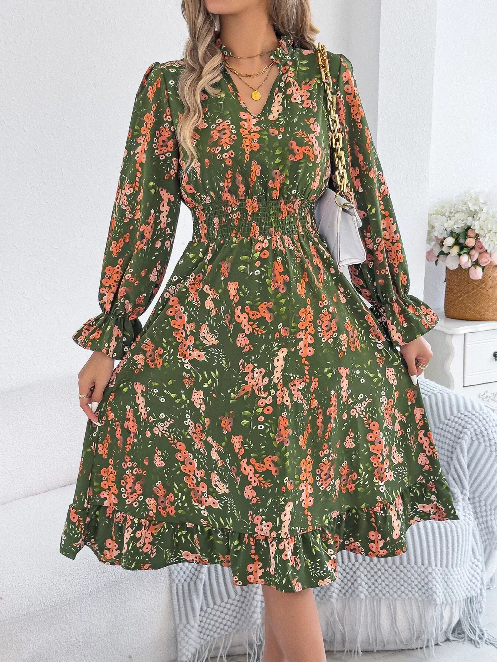 Floral Print Ruffle Hem Flounce Sleeve A-Line Dress, image 4