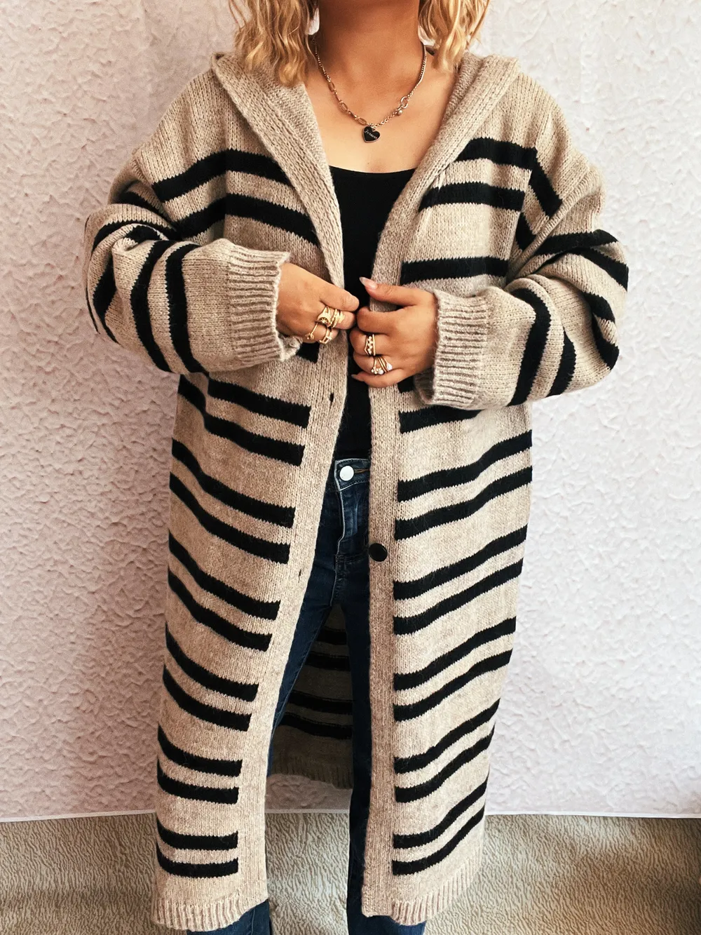 Striped Open Front Hooded Cardigan, image 9
