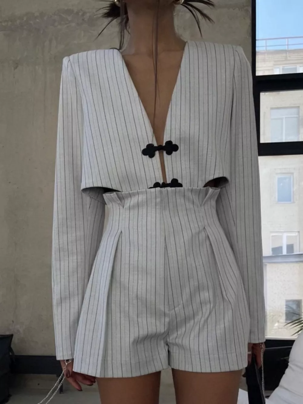 Pinstripe Cropped Blazer and Pleated Shorts Set, image 2