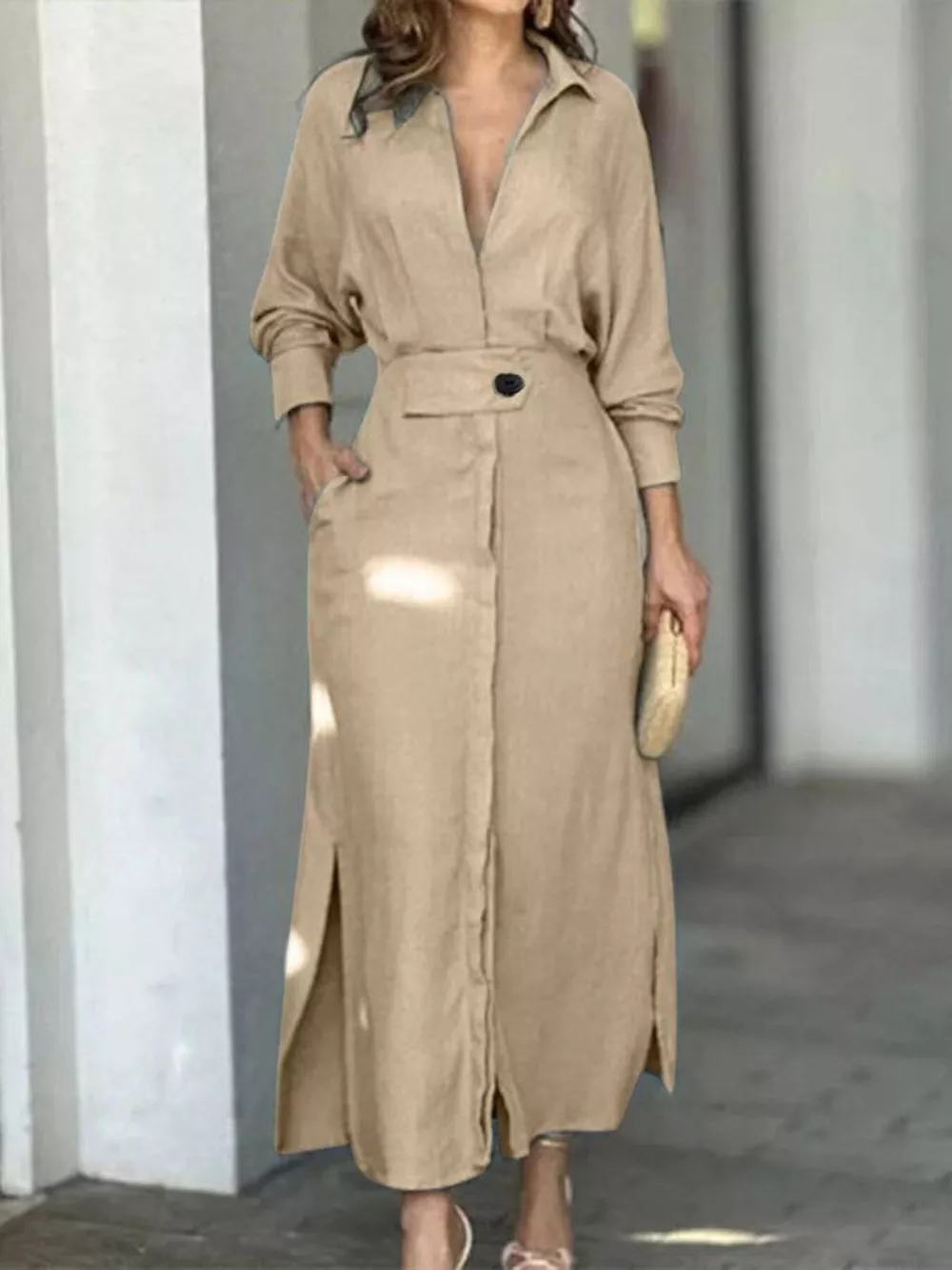 Side Slit Long Sleeve Shirt Dress, image 11