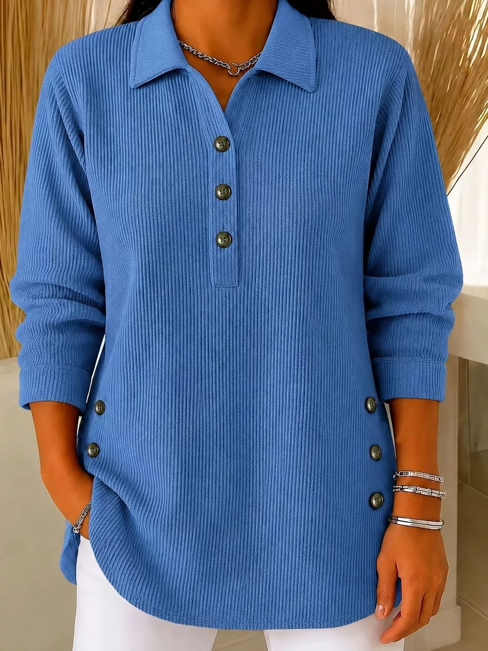 Full Size Button Detail Long Sleeve Top Plus Size, image 7
