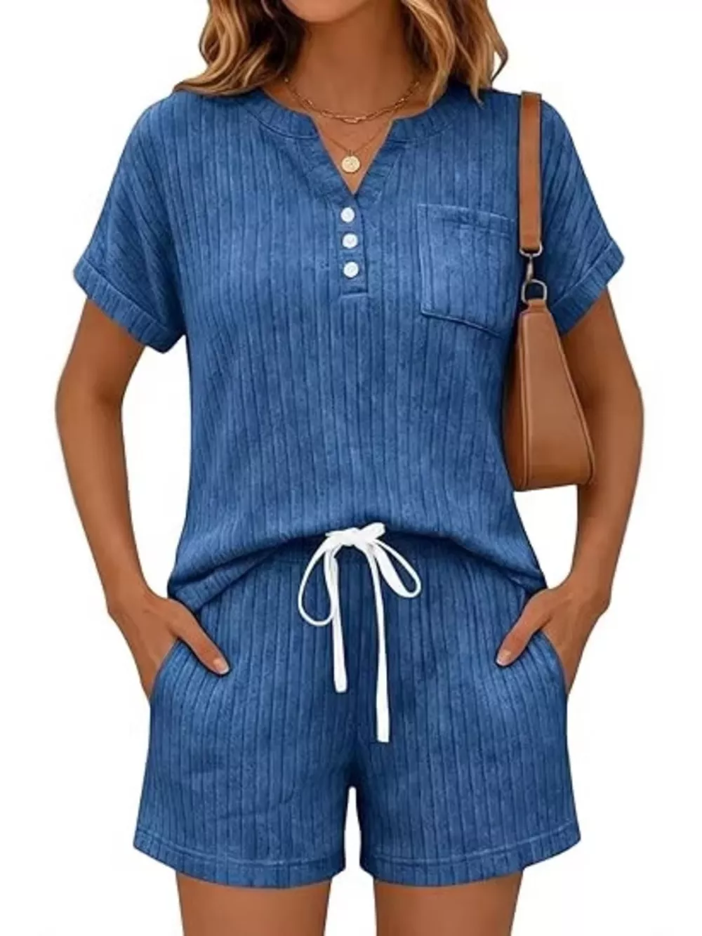 Casual Ribbed Knit Tee and Shorts Set, image 13