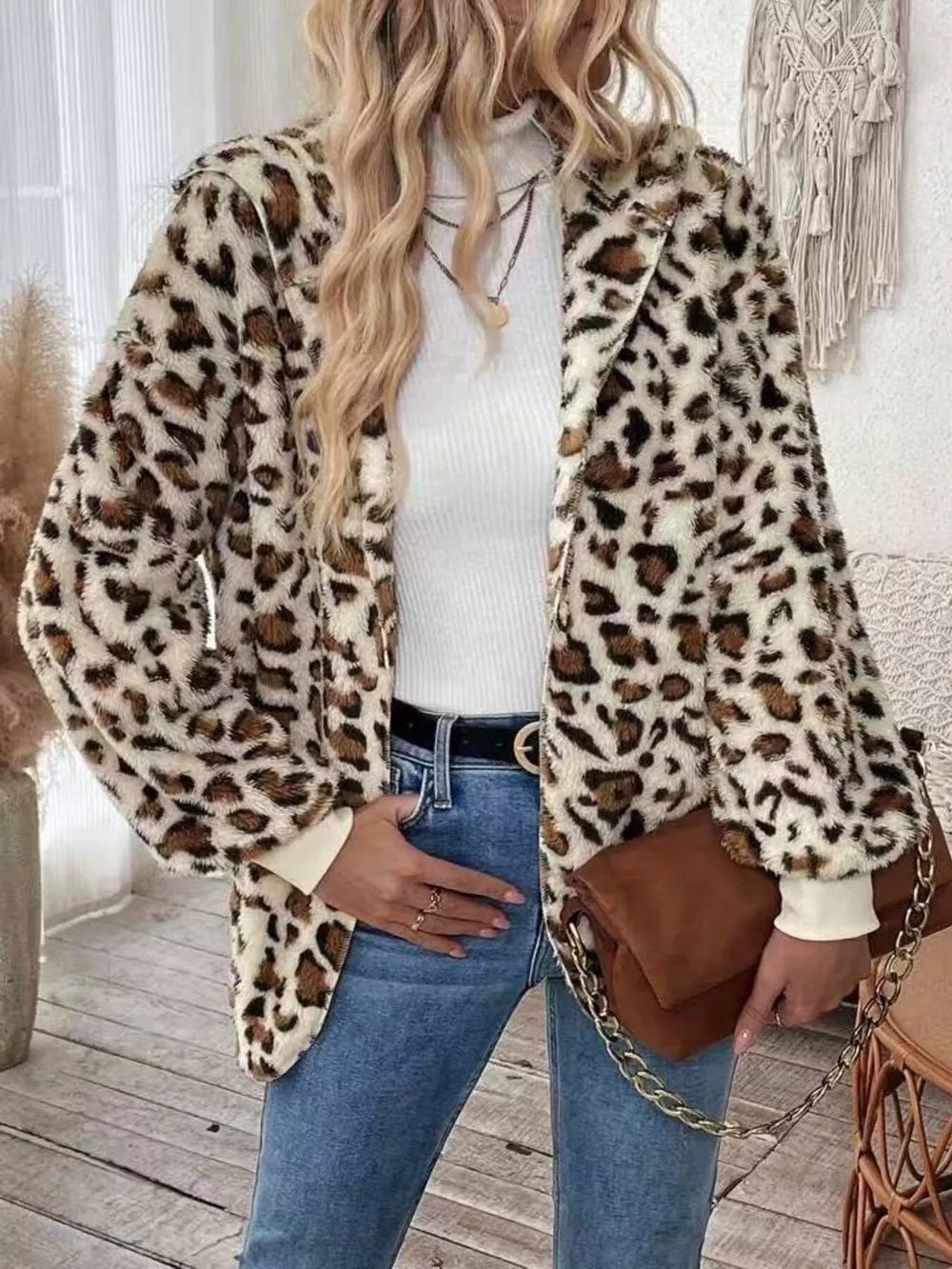Leopard Print Fuzzy Zip Up Outerwear, image 5
