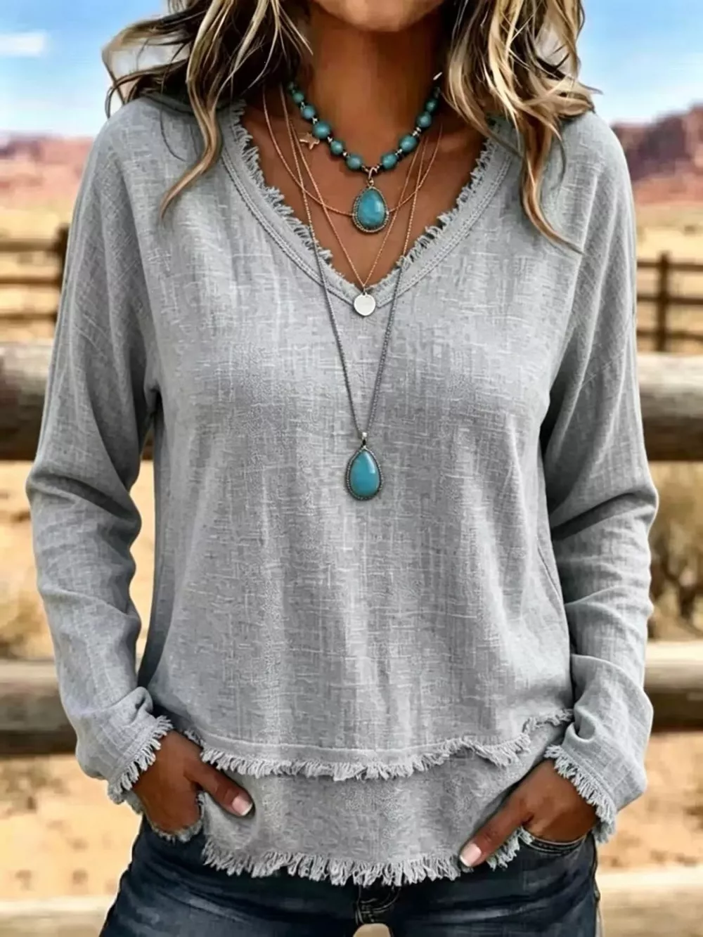 V-Neck Long Sleeve Blouse with Frayed Hem Detail, image 3