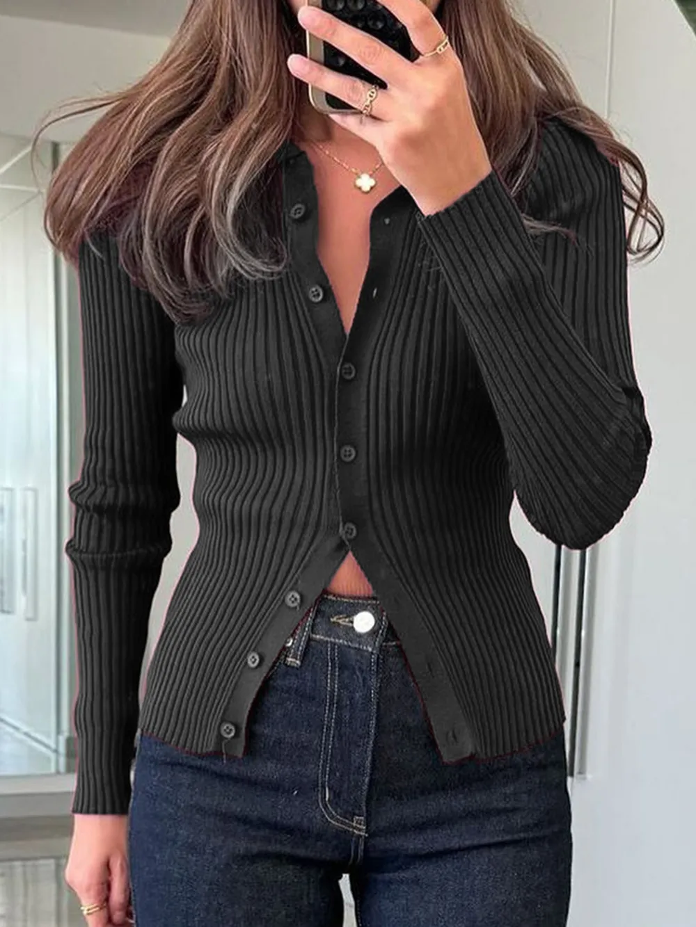 Ribbed Button-Front Long Sleeve Cardigan, image 7