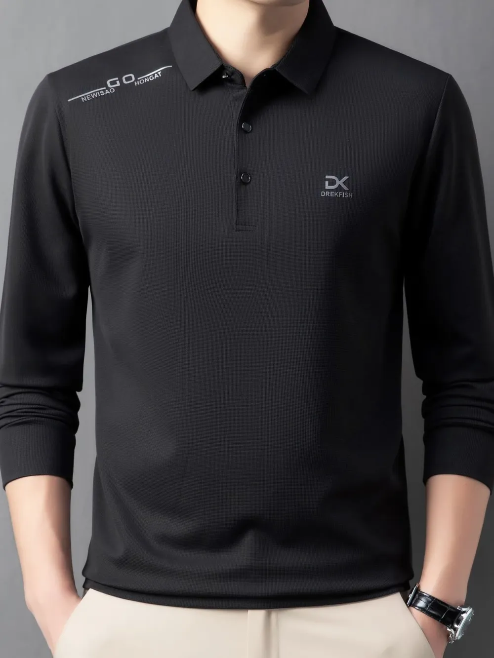 Men's Button Detail Long Sleeve Polo, image 3