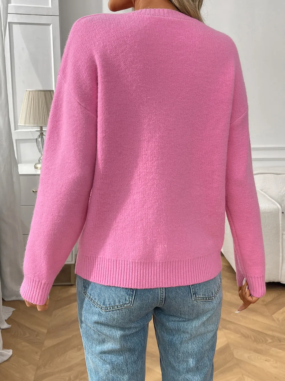 Bow Graphic Ribbed Hem Round Neck Sweater, image 7