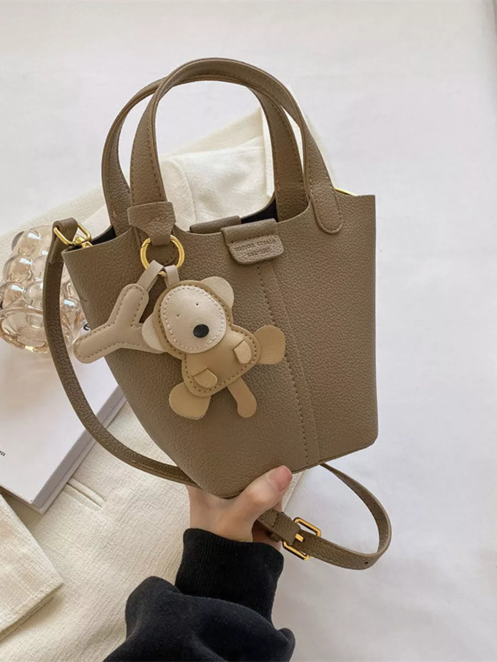 Leather Bucket Crossbody Bag, image 3
