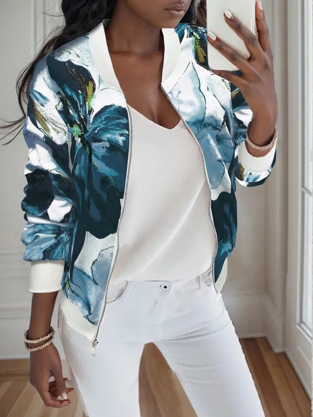 Printed Zip Up Long Sleeve Jacket, image 2
