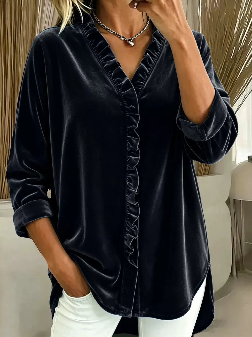 Velvet Frill V-Neck Blouse
