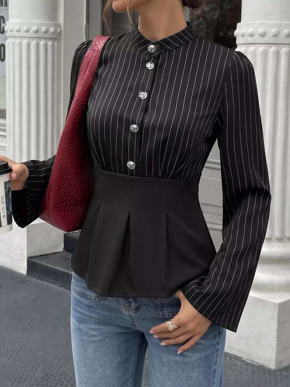 Striped Long Sleeve Peplum Blouse