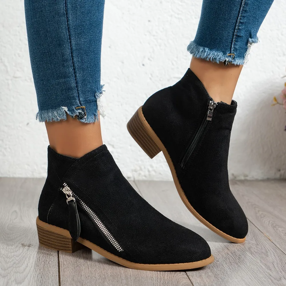 Side Zip Ankle Boots with Block Heel, image 2