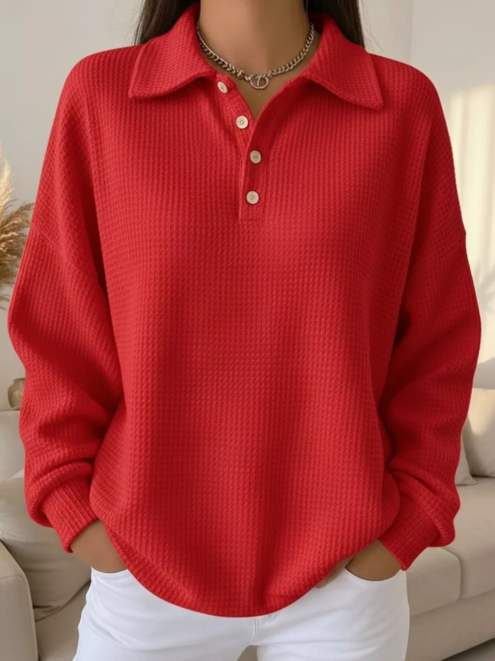 Full Size Waffle Knit Button Detail Sweatshirt Plus Size, image 12