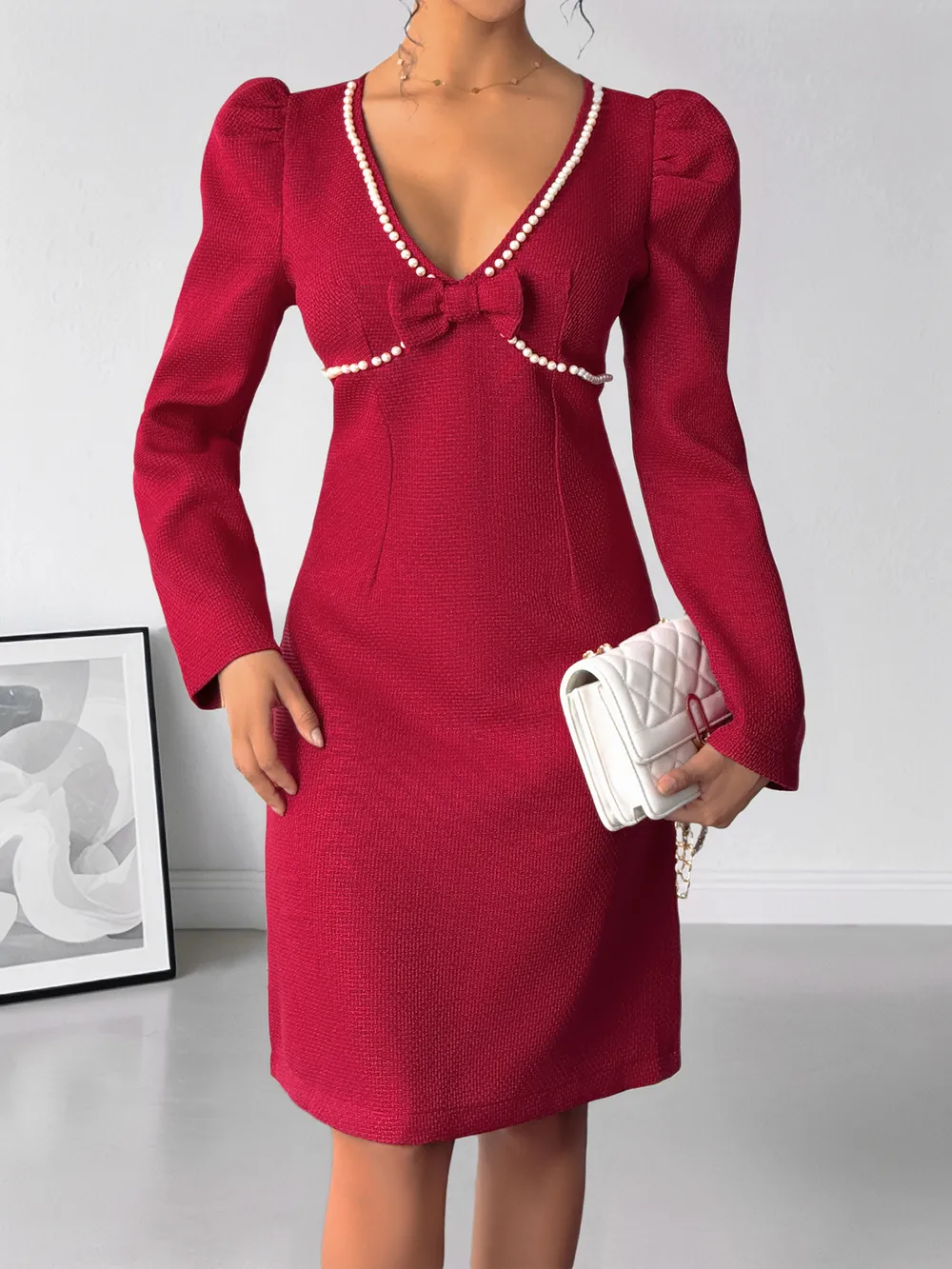 Pearl Trim V-Neck Long Sleeve Bodycon Dress, image 4