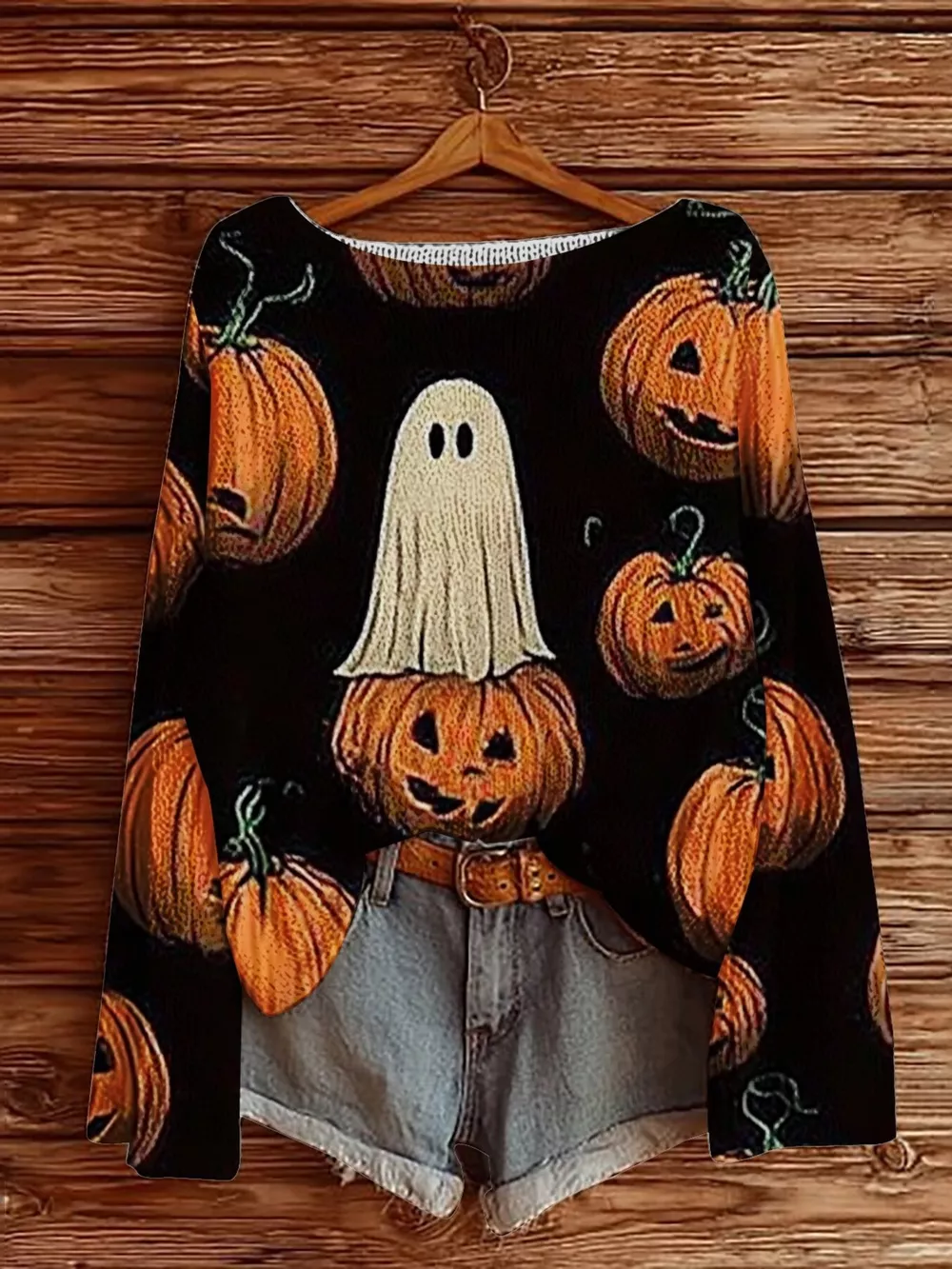 Full Size Halloween Graphic Boat Neck Sweater Plus Size