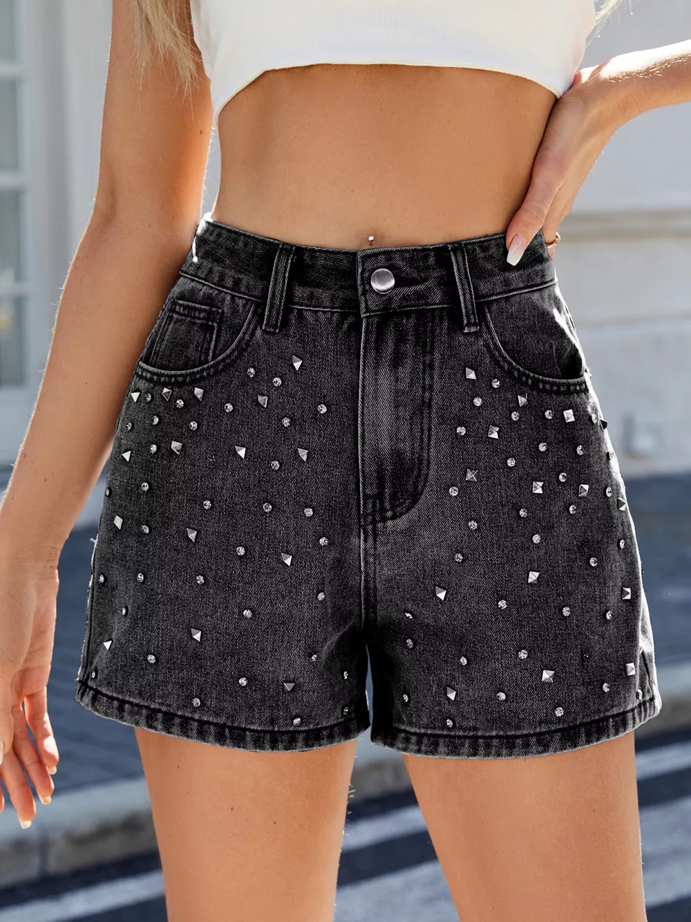 Studded High Waist Denim Shorts, image 2