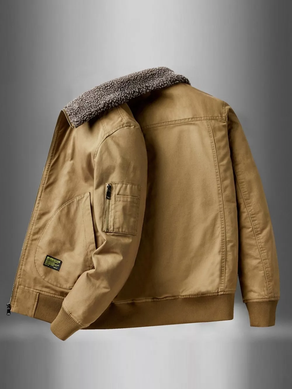 Men's Plus Size Zip Up Fur Collar Jacket, image 4